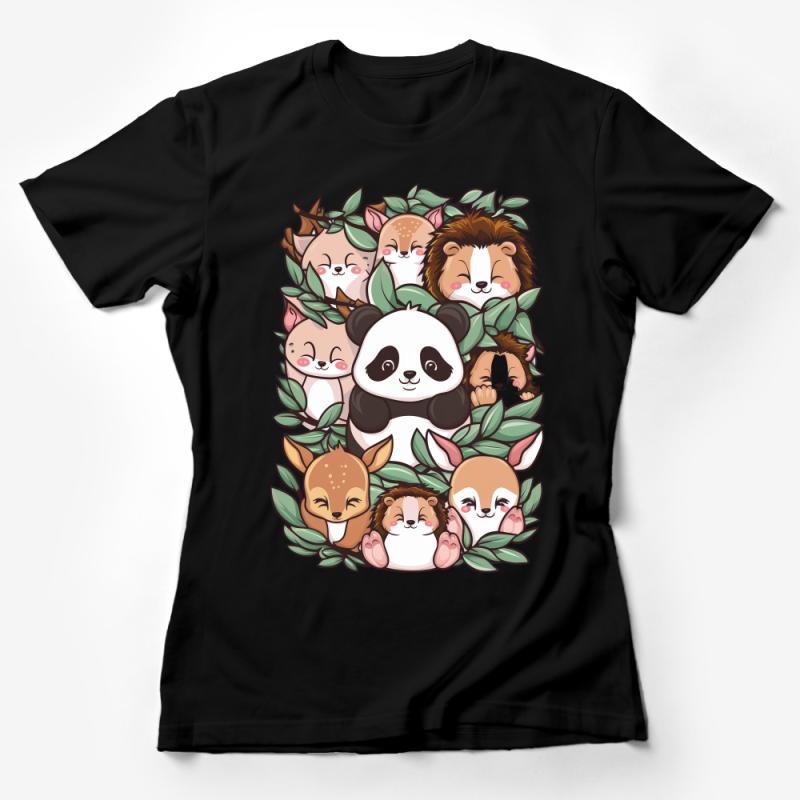 Adorable Animal Friends Surrounded by Greenery Cute Panda Graphic T-Shirt Female T-Shirt