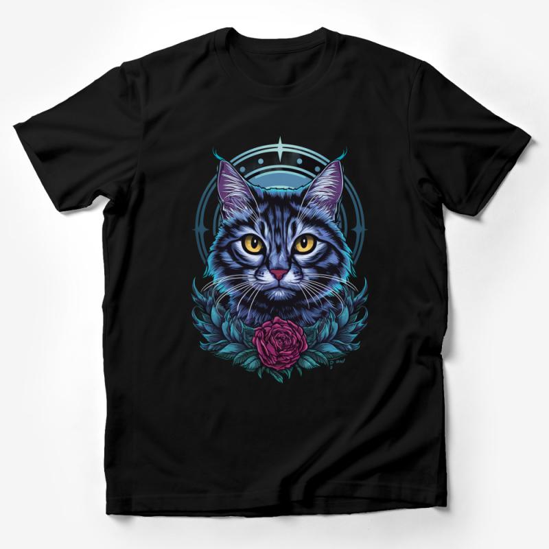 Astronaut Cat T-Shirt, Cosmic Kitty with Rose, Space Themed Tee, Unisex Graphic Shirt, Animal Lover Gift, Hipster Cat Apparel Male T-Shirt