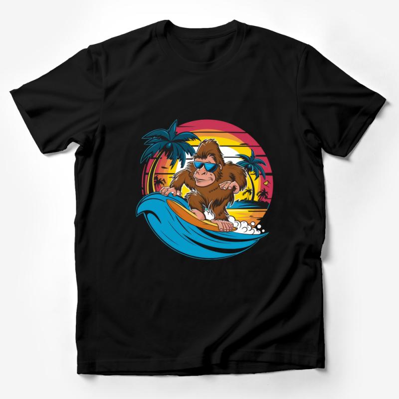 Surfing Monkey T-Shirt, Tropical Sunset Graphic Tee, Cool Beach Ape Summer Shirt, Unisex Fun Illustrated Top Male T-Shirt