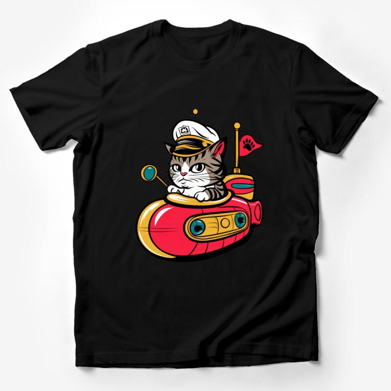 Cat Captain Nautical T-Shirt, Cute Sailor Kitty Submarine Tee, Unisex Marine Animal Cartoon, Funny Cat Lover Gift Shirt Male T-Shirt