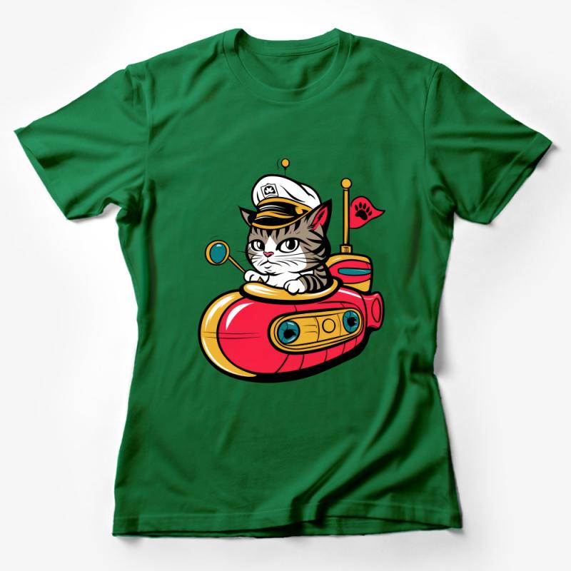 Cat Captain Nautical T-Shirt, Cute Sailor Kitty Submarine Tee, Unisex Marine Animal Cartoon, Funny Cat Lover Gift Shirt Female T-Shirt