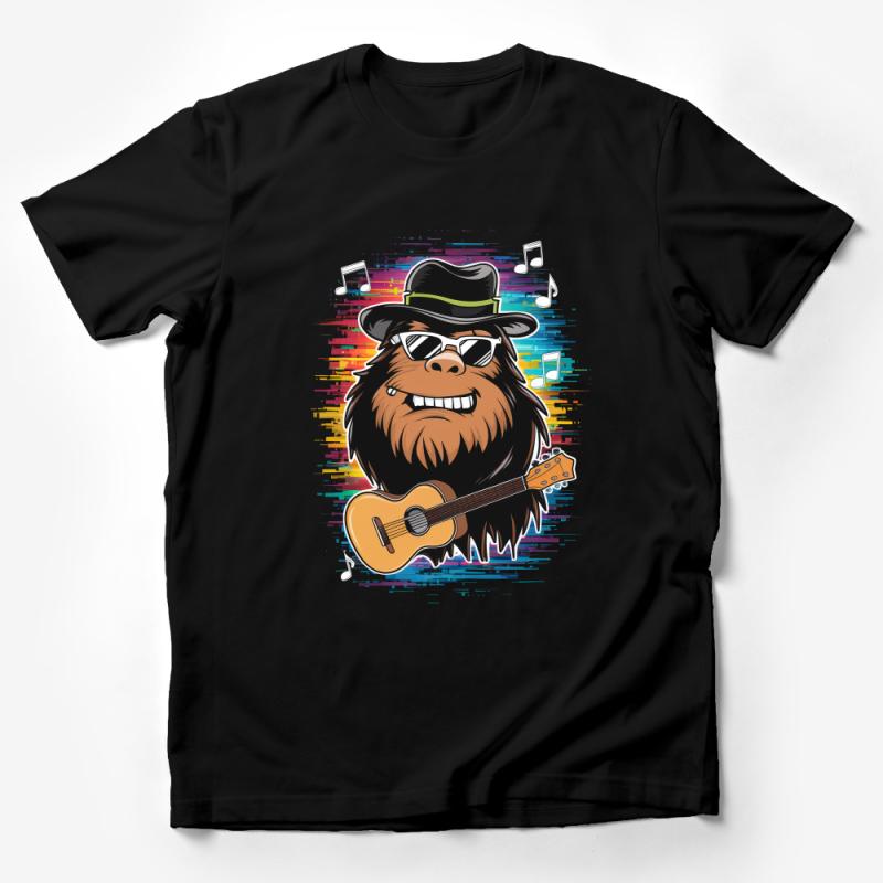 Funky Gorilla Guitarist T-Shirt, Cartoon Animal Musician Tee, Unisex Graphic Shirt, Cool Ape With Hat And Sunglasses Apparel Male T-Shirt