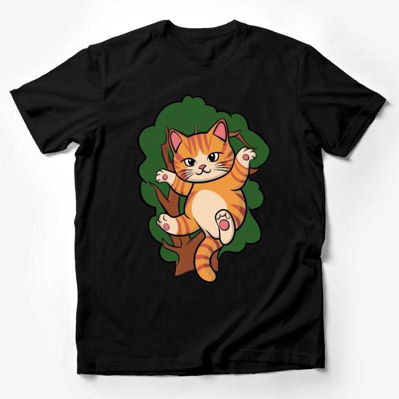 Cute Orange Tabby Cat Cartoon Climbing Tree - Funny Cat Lover T-Shirt Male T-Shirt