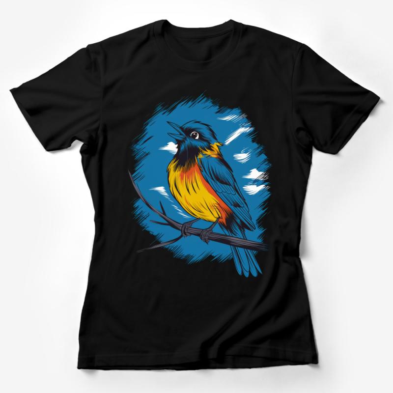 Colorful Bird Illustration on Blue Background Unisex T-Shirt, Nature Inspired Artistic Tee Design Female T-Shirt