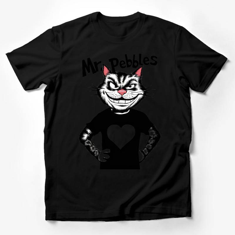 Funny Cat T-Shirt, Mr. Pebbles Graphic Tee, Unisex Cartoon Cat Lover Shirt, Casual Heart Tee, Quirky Animal Print Top, Novelty Gift Male T-Shirt