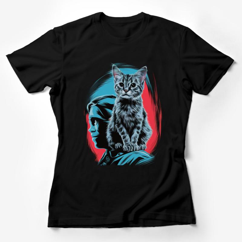 Striped Kitten and Woman Portrait T-Shirt, Artistic Feline Illustration Tee, Cat Lover Gift, Unique Graphic Shirt Design Female T-Shirt