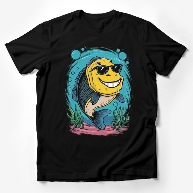 Cool Smiling Fish T-Shirt, Funky Cartoon Sea Creature Tee, Unisex Summer Casual Wear, Aquatic Animal Shirt with Sunglasses Male T-Shirt