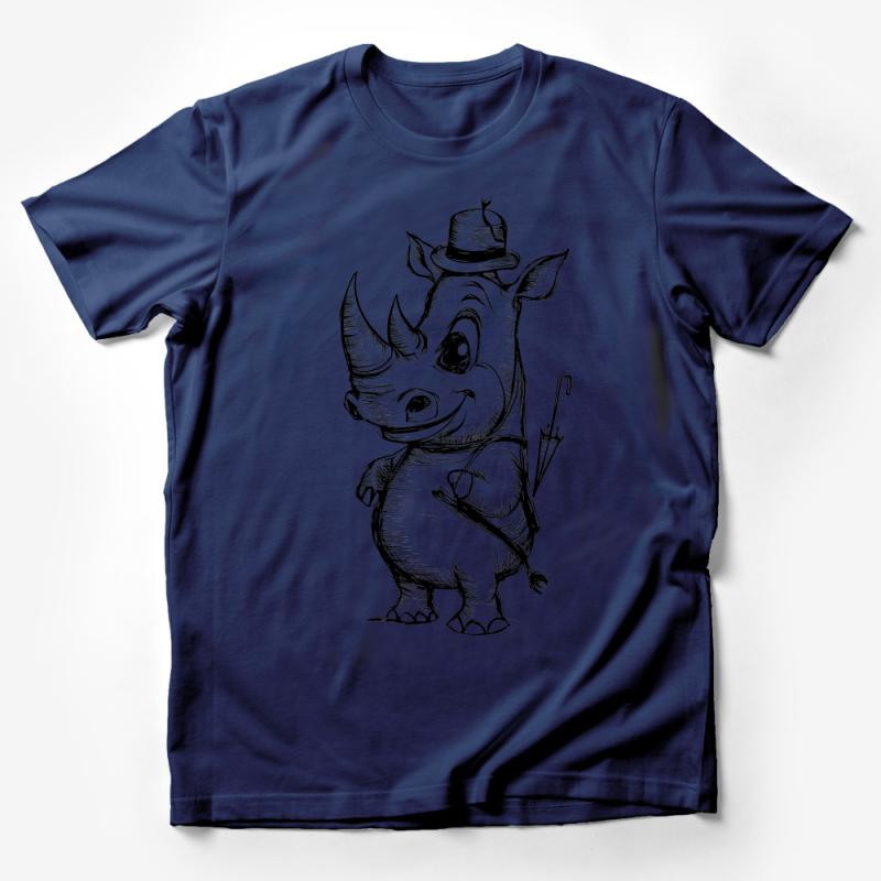 Dapper Rhino with Hat Illustration T-Shirt, Unique Animal Character Tee, Cute Rhino Drawing Shirt, Gentleman Rhino Top, Unisex Adult Clothing Male T-Shirt