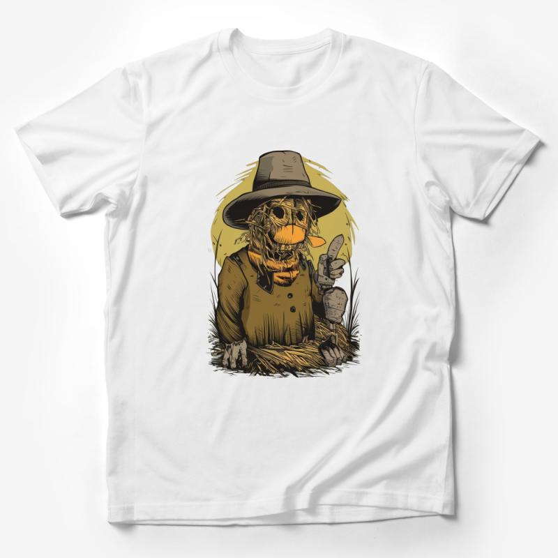 Unique Scarecrow T-Shirt with Vibrant Farm Illustration, Harvest Season Tee, Fall Festival Apparel, Artistic Autumn Clothing, Nature Inspired Male T-Shirt