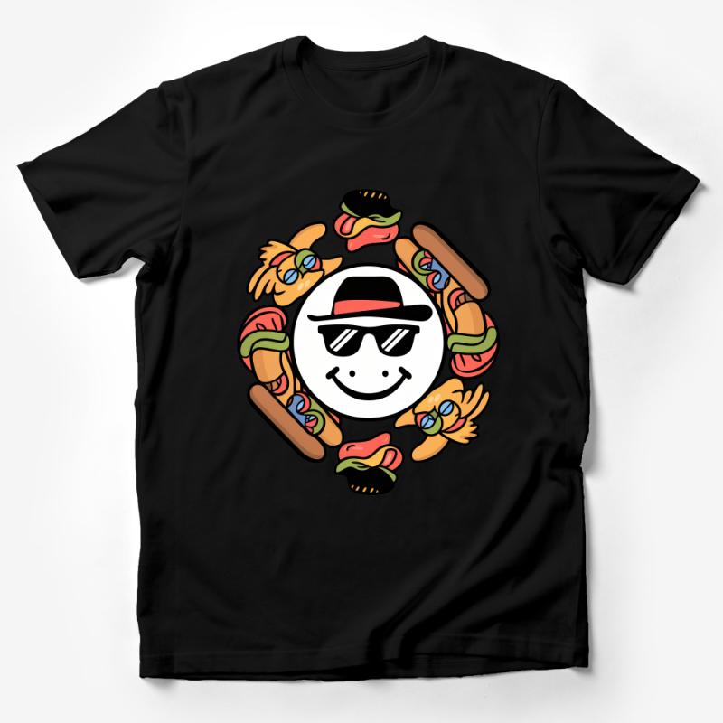 Fun Smiley Face T-Shirt with Sunglasses and Sushi, Cool Casual Graphic Tee, Unisex Fashion Top, Food Lover Gift, Summer Outfit Male T-Shirt