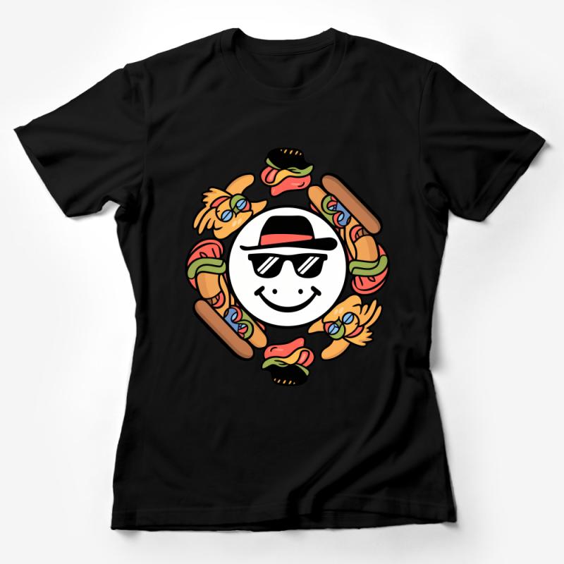 Fun Smiley Face T-Shirt with Sunglasses and Sushi, Cool Casual Graphic Tee, Unisex Fashion Top, Food Lover Gift, Summer Outfit Female T-Shirt