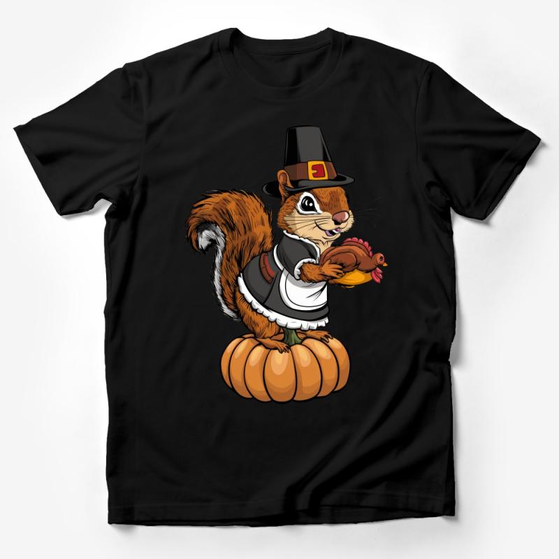 Thanksgiving Squirrel T-Shirt, Cute Autumn Harvest Tee, Funny Pilgrim Rodent with Turkey Design Male T-Shirt