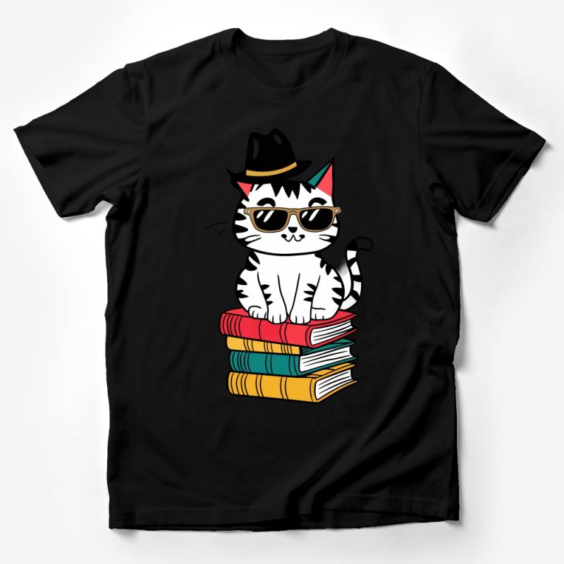 Hipster Cat T-Shirt, Cute Cat with Glasses on Books, Unisex Feline Fashion Tee, Animal Lover Gift, Bookish Casual Wear, Cool Cat Shirt Male T-Shirt