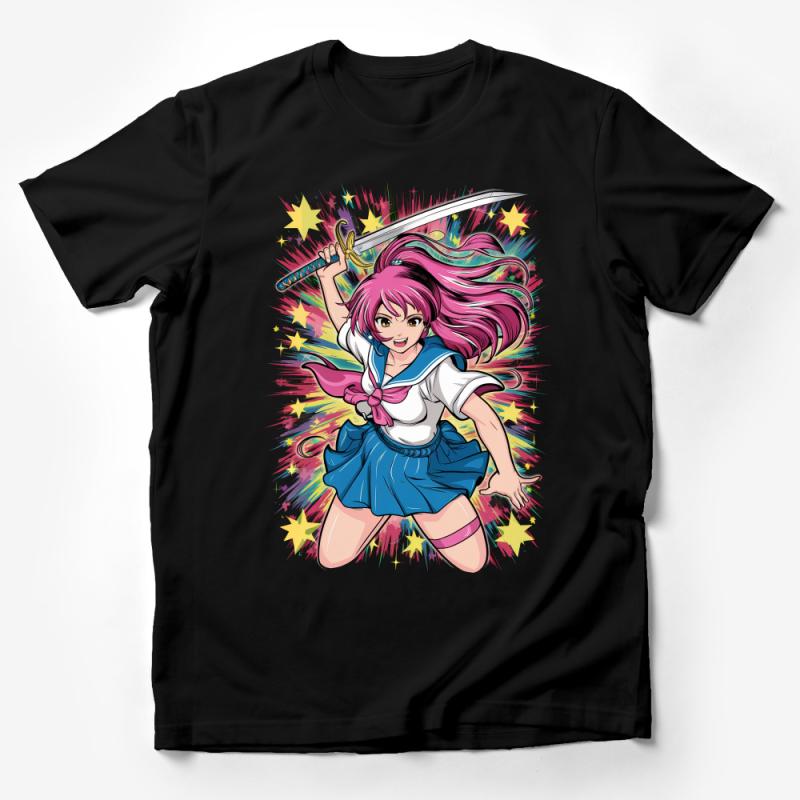 Anime Style Warrior Girl T-Shirt, Colorful Manga Character, Teen Fashion Top, Japanese Inspired Graphic Tee, Casual Otaku Apparel Male T-Shirt