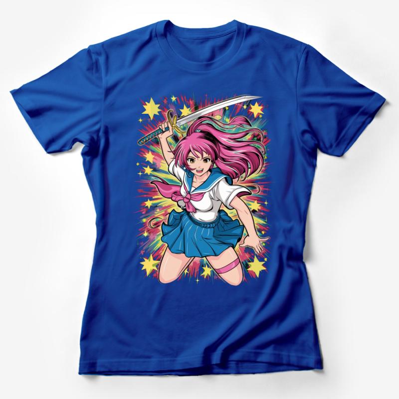 Anime Style Warrior Girl T-Shirt, Colorful Manga Character, Teen Fashion Top, Japanese Inspired Graphic Tee, Casual Otaku Apparel Female T-Shirt