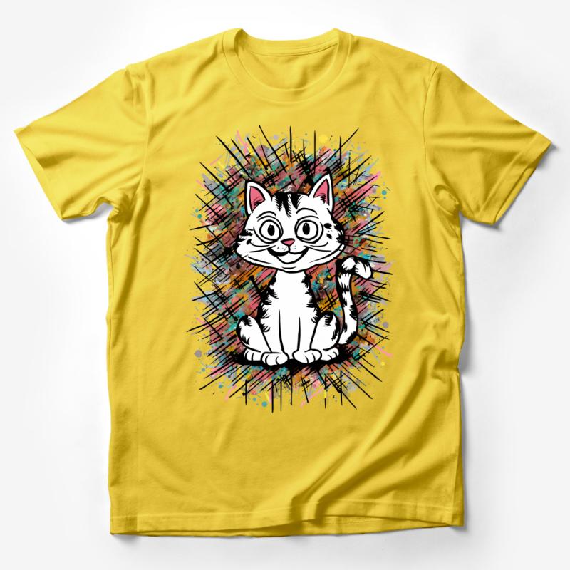 Whimsical Cat T-Shirt, Cute Kitty with Colorful Splatter Background, Unisex Graphic Tee for Cat Lovers, Casual Wear Male T-Shirt