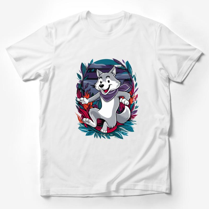 Kids' Playful Wolf Cartoon Character T-Shirt Design with Colorful Nature Backdrop Male T-Shirt