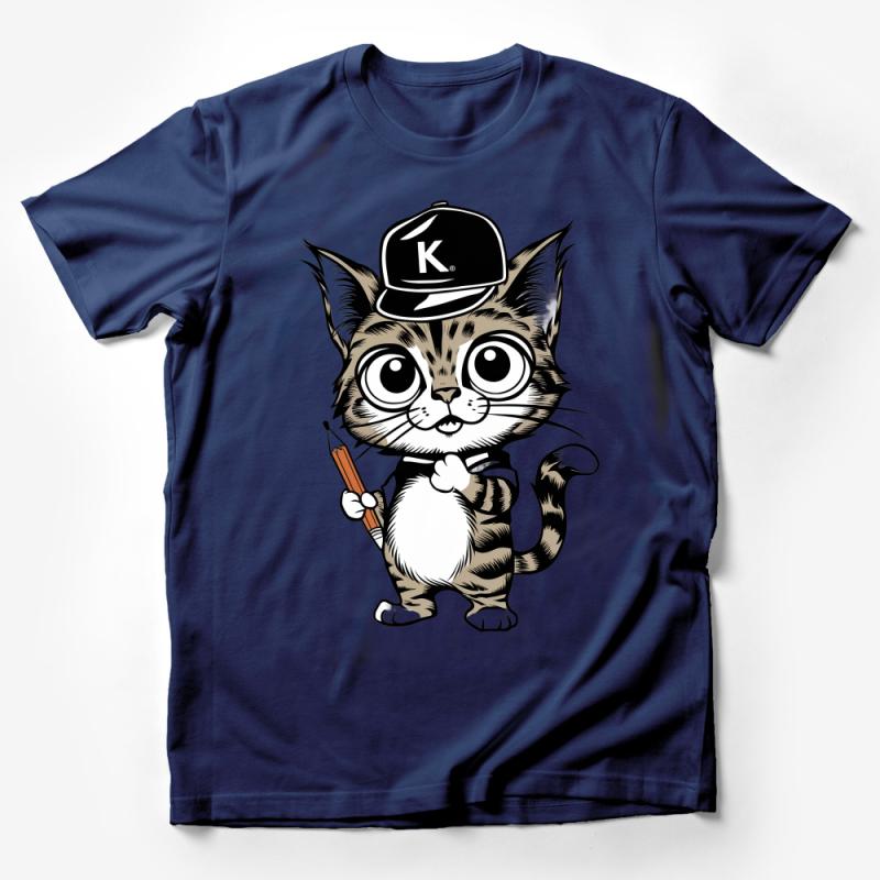 Cute Cat T-Shirt with Glasses and Pencil, Cartoon Kitten Tee for Kids and Adults, Unisex Graphic Shirt Male T-Shirt