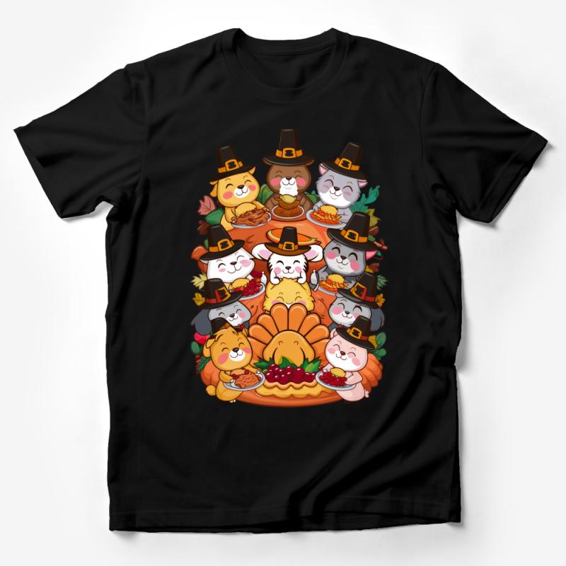 Thanksgiving T-Shirt with Cute Cartoon Animals, Friendsgiving Tee, Family Holiday Outfit, Autumn Harvest Celebration Shirt Unisex Male T-Shirt