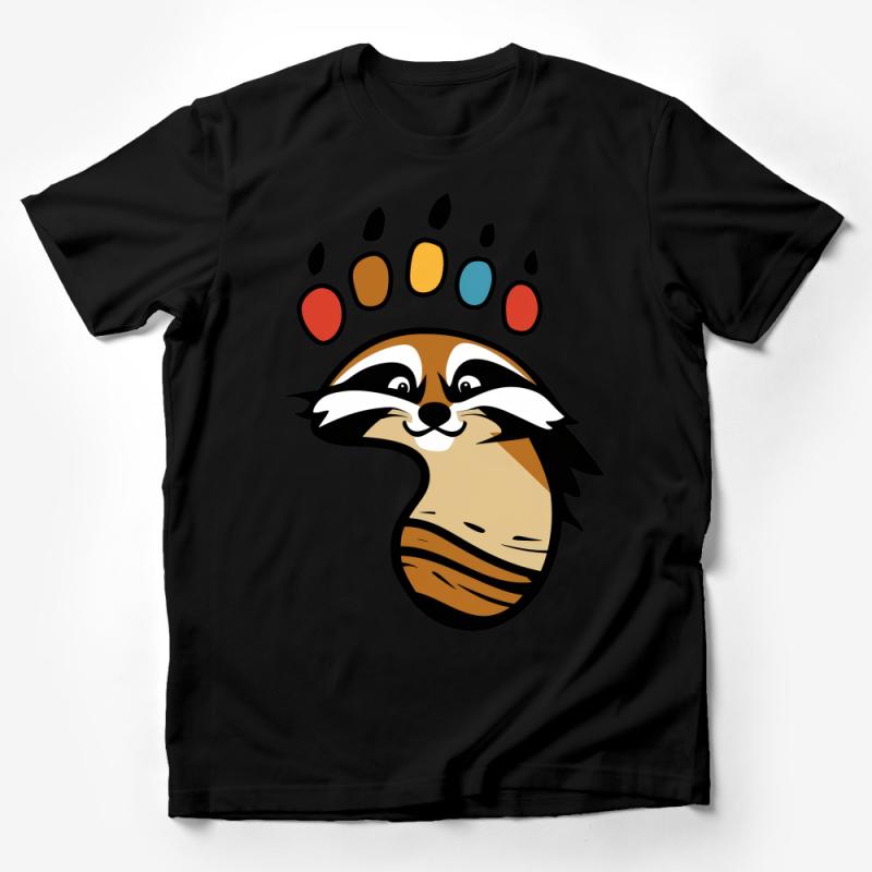 Whimsical Raccoon Graphic Tee with Colorful Paw Print for Casual Wear Male T-Shirt