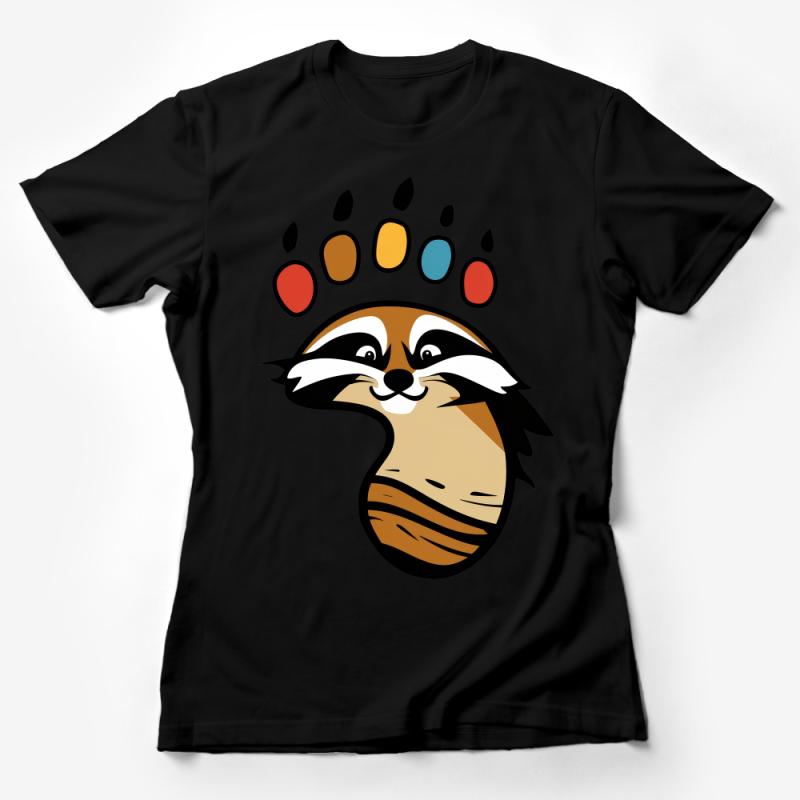 Whimsical Raccoon Graphic Tee with Colorful Paw Print for Casual Wear Female T-Shirt