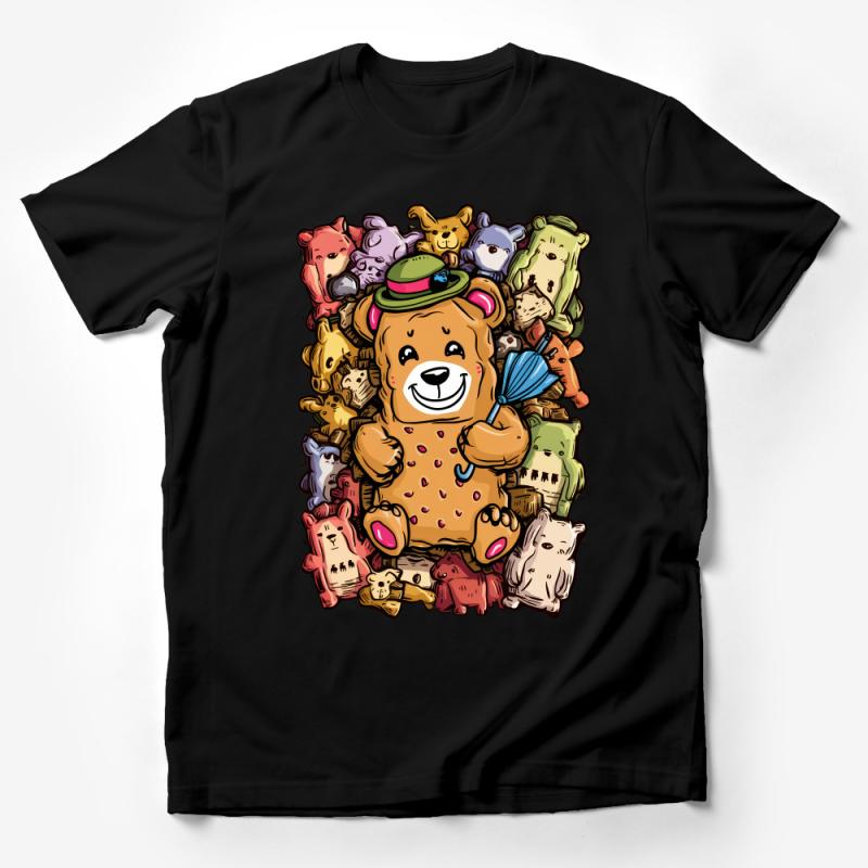 Colorful Teddy Bear Mountain Illustration T-Shirt, Cute Plush Toys Graphic Tee for All Ages Male T-Shirt