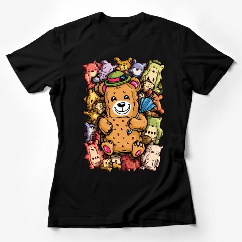 Colorful Teddy Bear Mountain Illustration T-Shirt, Cute Plush Toys Graphic Tee for All Ages Female T-Shirt