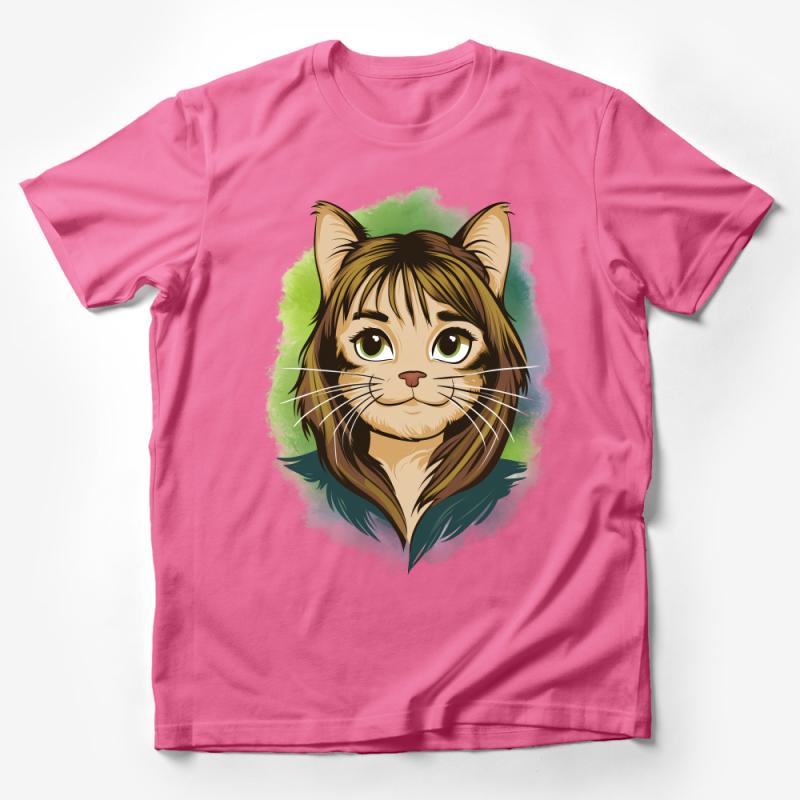 Whimsical Cat Face Watercolor Style T-Shirt for Cat Lovers, Unique Artistic Feline Design Male T-Shirt