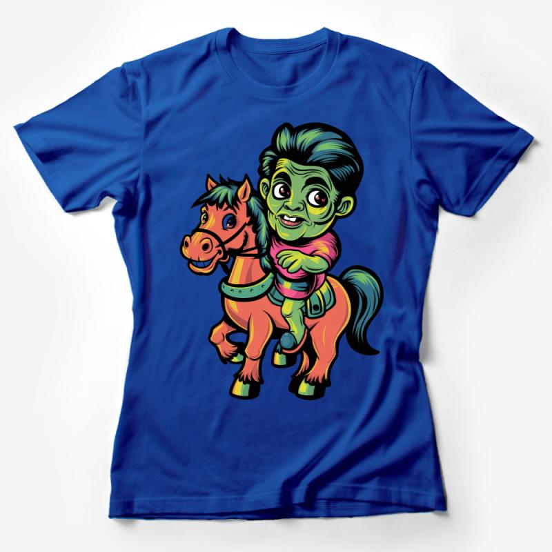 Unique Cartoon Zombie Boy Riding a Colorful Pony T-Shirt for Novelty Gift Female T-Shirt