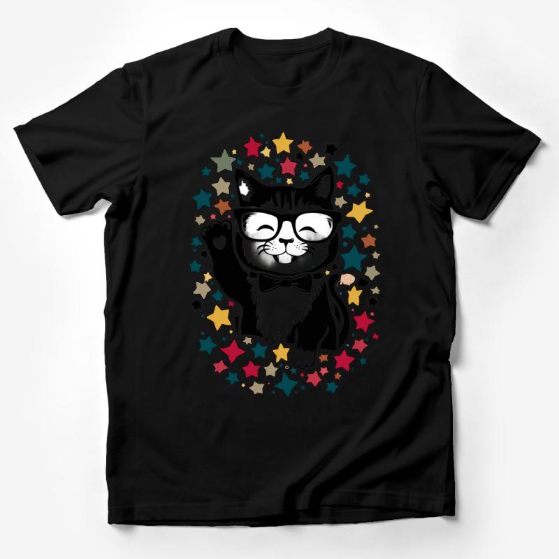 Cute Cat T-Shirt, Hipster Cat with Glasses, Colorful Stars Graphic Tee, Animal Lover Gift, Unisex Cat T-Shirt, Casual Wear Tee Male T-Shirt