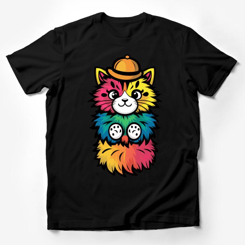 Colorful Cartoon Cat T-Shirt with Hat, Cute Feline Graphic Tee, Unisex Rainbow Kitty Shirt Male T-Shirt