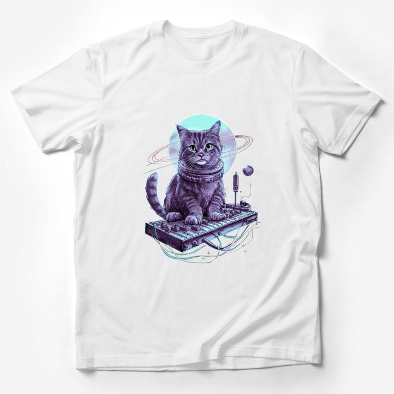 Space Cat DJ T-Shirt, Cosmic Kitty with Turntable Graphic Tee, Unisex Adult Casual Wear, Music and Pet Lovers Apparel Male T-Shirt