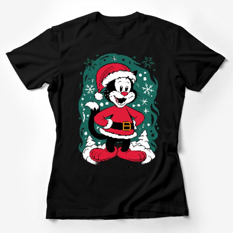 Festive Holiday Cat T-Shirt, Cute Christmas Kitty with Santa Hat, Winter Snowflakes Tee, Unisex Cartoon Cat Shirt for All Ages Female T-Shirt