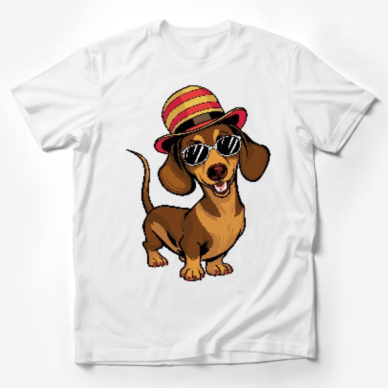 Cute Cartoon Dog in Sunglasses and Striped Hat T-Shirt, Fun Summer Tee for All Ages Male T-Shirt