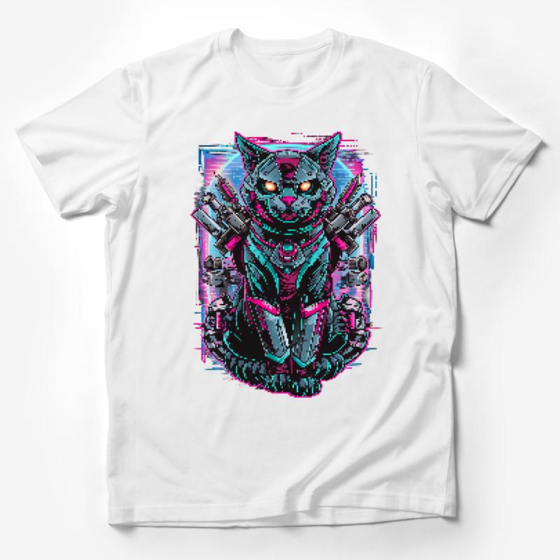 Cyberpunk Cat T-Shirt, Futuristic Robotic Kitten Tee, Neon Retro Sci-Fi Cat Lovers Gift Male T-Shirt