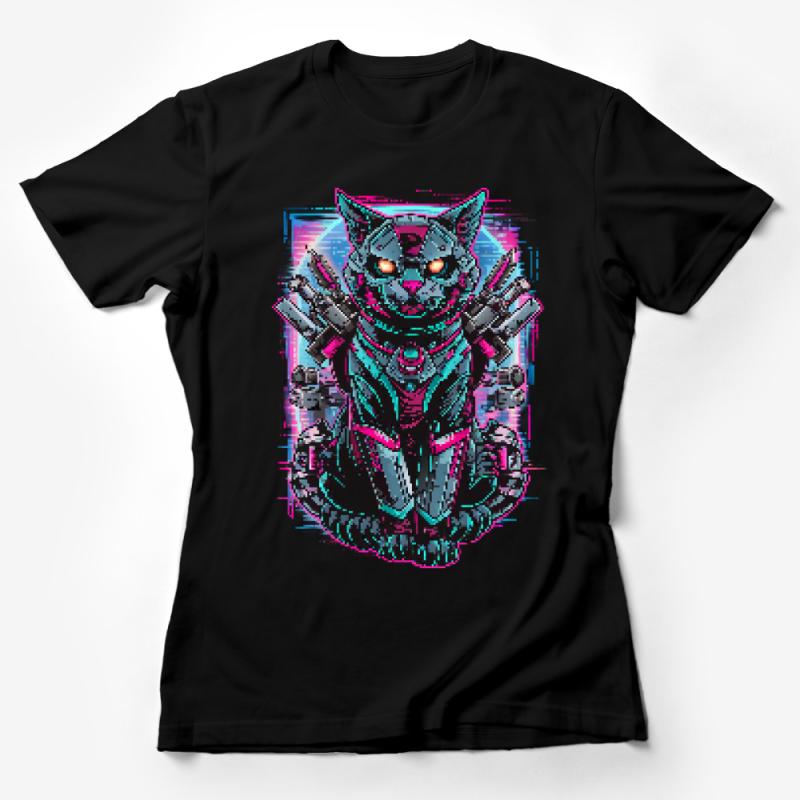 Cyberpunk Cat T-Shirt, Futuristic Robotic Kitten Tee, Neon Retro Sci-Fi Cat Lovers Gift Female T-Shirt