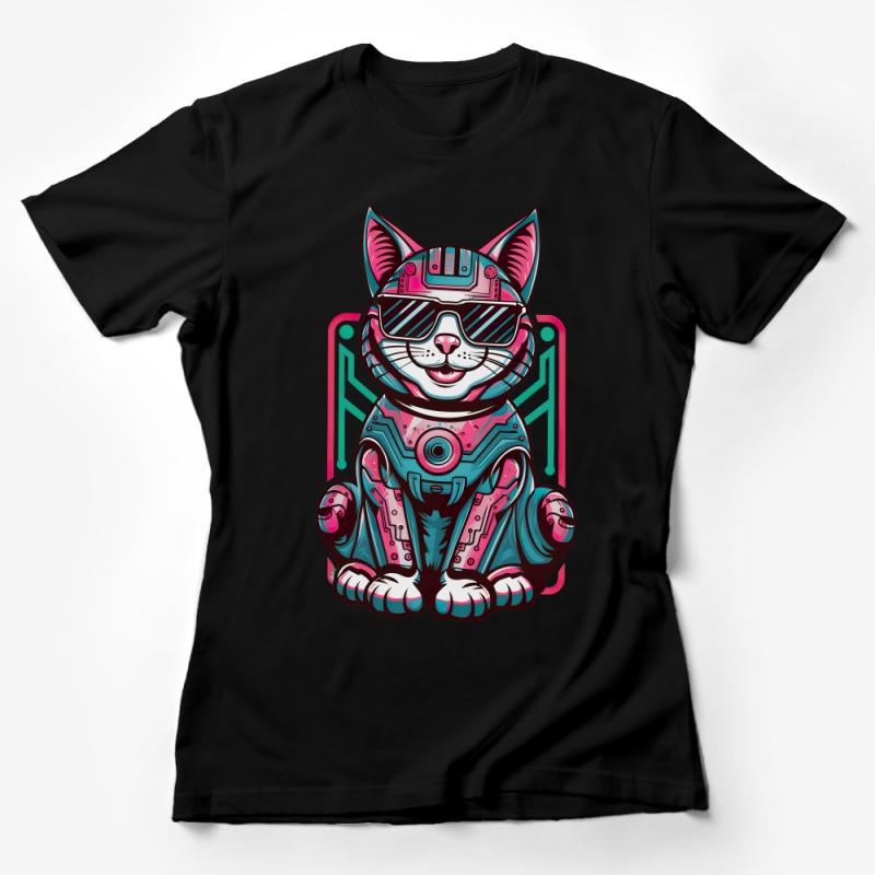 Cyber Kitty T-Shirt, Cool Neon Robot Cat Tee, Unisex Graphic Shirt, Futuristic Cyberpunk Clothing, EDM Festival Wear Female T-Shirt