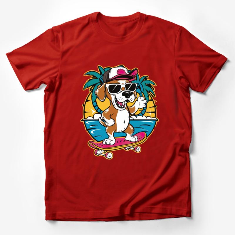 Beach Dog T-Shirt, Cool Skateboarding Dog with Sunglasses and Palm Trees, Unisex Graphic Tee, Summer Skate Hipster Dog Shirt Male T-Shirt