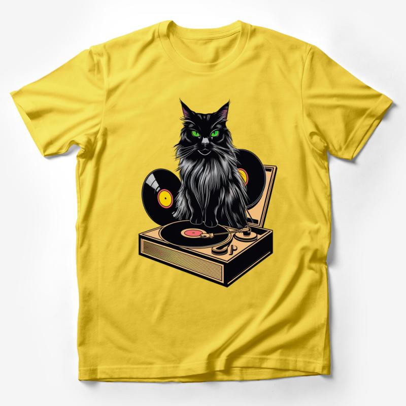 Black Cat DJ T-Shirt, Vinyl Record and Turntable Graphic Tee, Music Lover Cat Shirt, Unisex Casual Apparel, Cool Cat Design Top Male T-Shirt