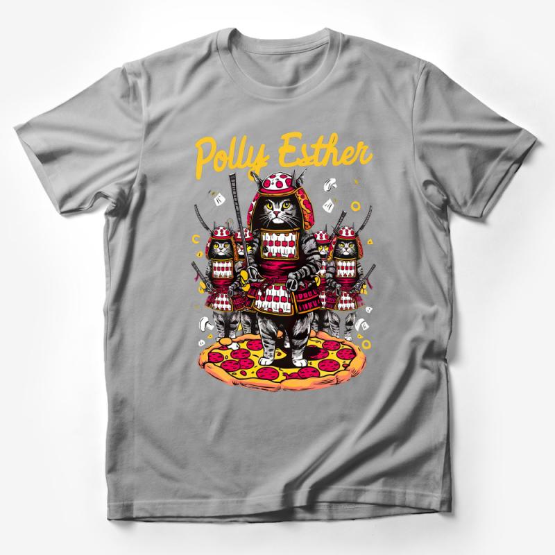 Funny Cat Samurai Pizza T-Shirt, Unique Ninja Kitty Graphic Tee, Quirky Cat Lover Gift, Unisex Cat Warrior Shirt Male T-Shirt