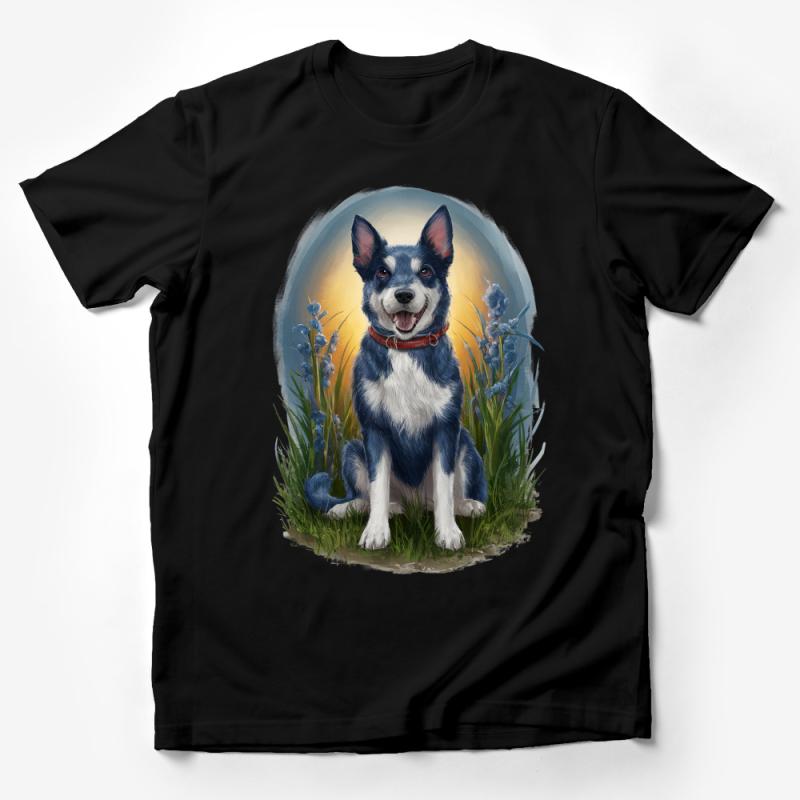 Cute Blue Heeler Dog T-Shirt, Floral Background Pet Lover Tee, Unisex Adult Animal Print Shirt, Gift for Dog Owners Male T-Shirt