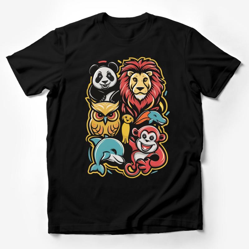 Animal Kingdom T-Shirt, Vibrant Zoo Creatures Tee, Lion Panda Dolphin Owl Meerkat Monkey Design, Unisex Graphic Shirt Male T-Shirt