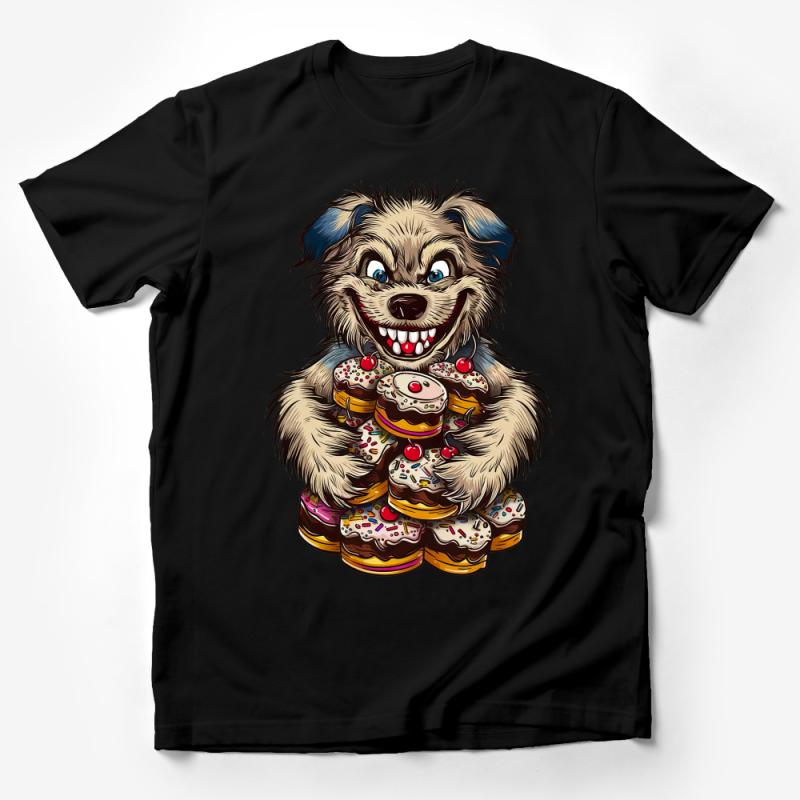 Funny Dog with Donuts T-Shirt, Cute Cartoon Dog Lover Tee, Unique Animal Graphic Shirt, Unisex Male T-Shirt