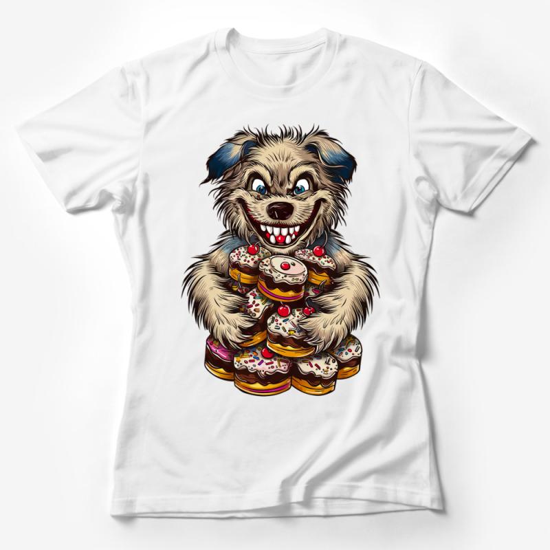 Funny Dog with Donuts T-Shirt, Cute Cartoon Dog Lover Tee, Unique Animal Graphic Shirt, Unisex Female T-Shirt