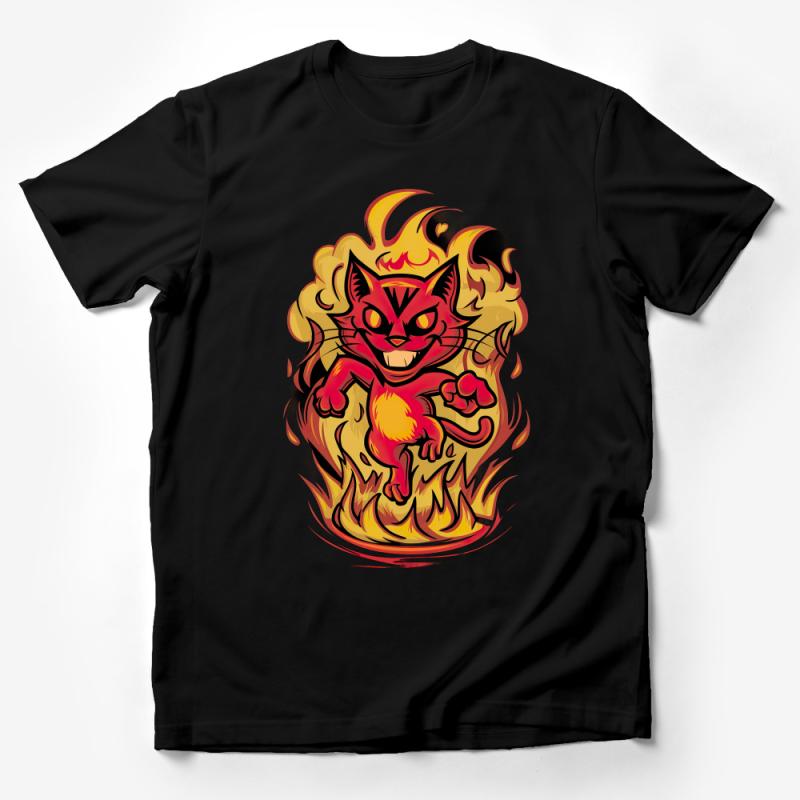 Fiery Cat T-Shirt, Bold Red Hot Feline Graphic Tee, Unisex Flame Kitten Shirt, Fire Cartoon Cat Lover Top, Unique Animal Design Wear Male T-Shirt