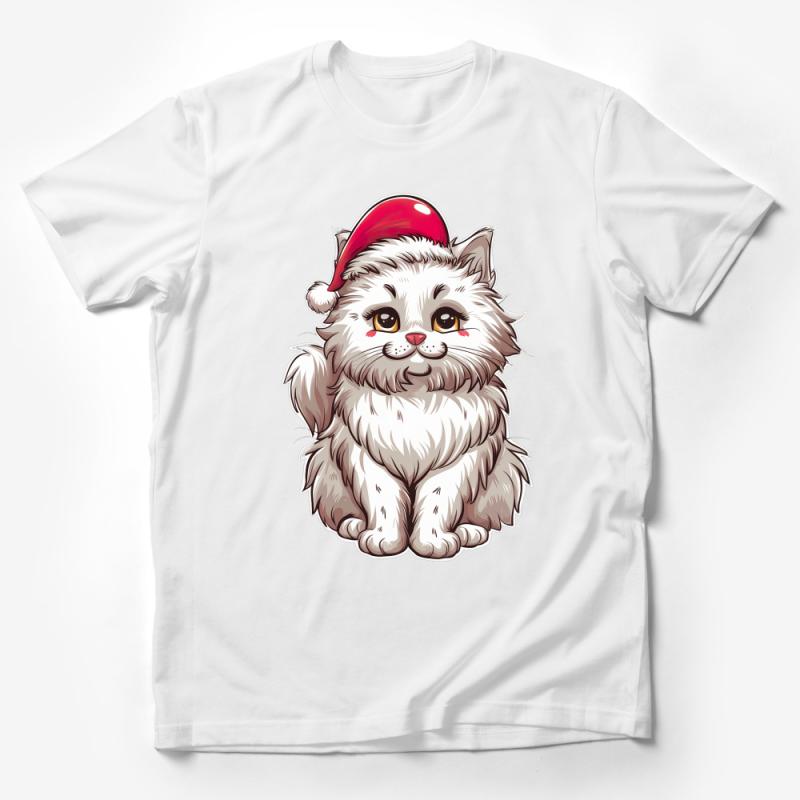 Cute Cat with Santa Hat T-Shirt, Christmas Kitten Graphic Tee, Holiday Pet Lover Casual Top Male T-Shirt