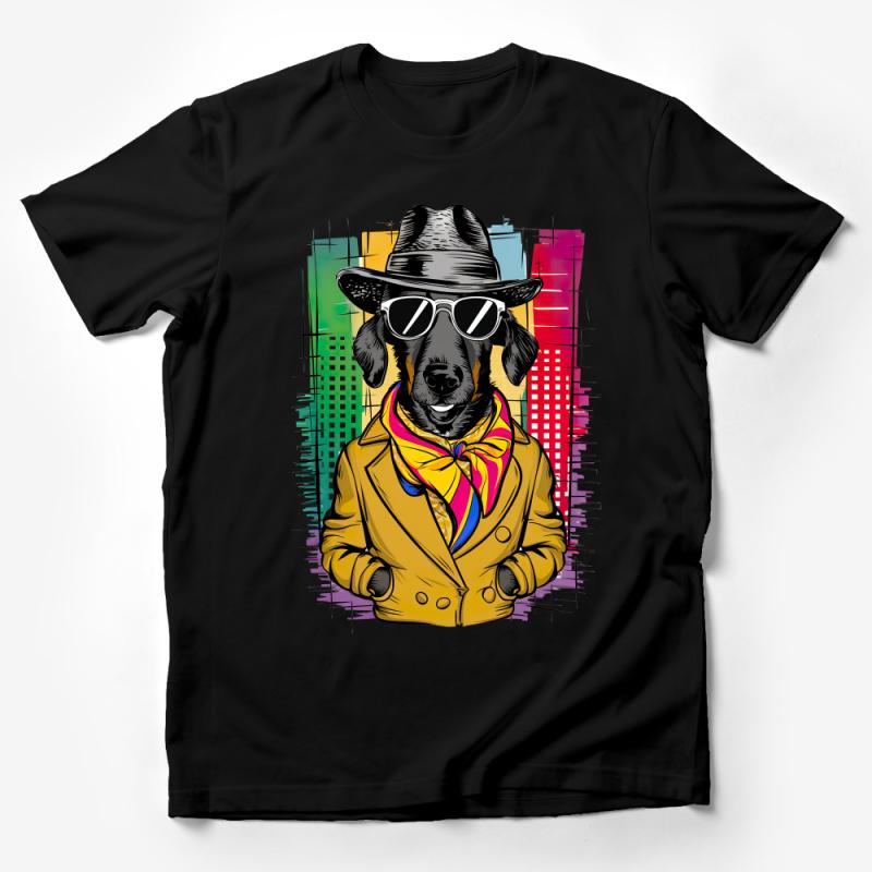 Colorful Dog in Hat and Scarf, Cool Canine T-Shirt, Funky Pet Illustration Tee, Urban Style Dog Lover Gift, Unisex Graphic Shirt Male T-Shirt