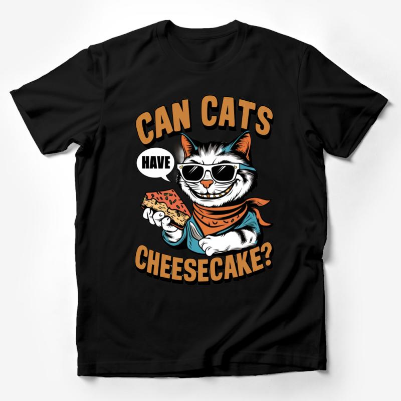 Funny Cat Shirt, Can Cats Have Cheesecake, Cartoon Cat With Pizza, Humorous Tees, Unisex T-Shirt, Casual Clothing, Cute Cat Lover Gift Male T-Shirt