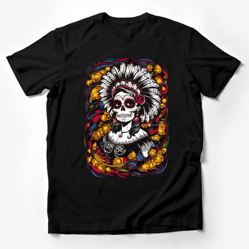 Day of the Dead Sugar Skull T-Shirt, Floral Skull Graphic Tee, Mexican Folk Art Inspired, Dia de los Muertos Apparel Male T-Shirt