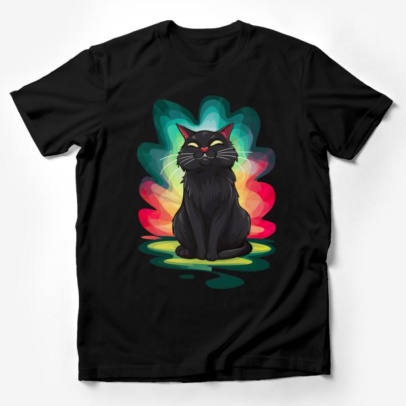 Black Cat T-Shirt, Whimsical Feline Illustration, Colorful Rainbow Aura, Unisex Tee, Pet Lover Gift, Casual Apparel, Multiple Sizes Male T-Shirt